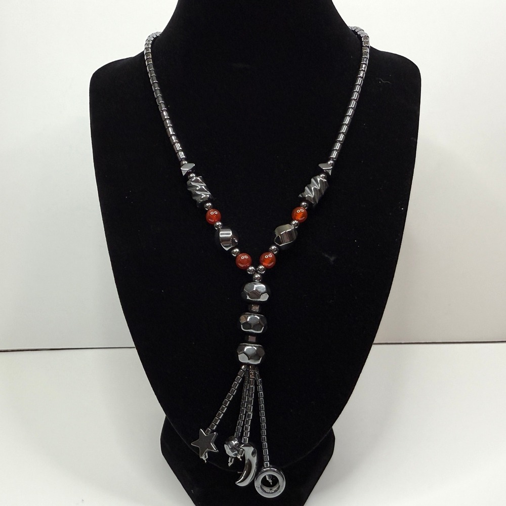 Hematite Y Necklace Star & Moon Charms Red Accent Glass Beads Jewelry 17.5 in L - Picture 6 of 7